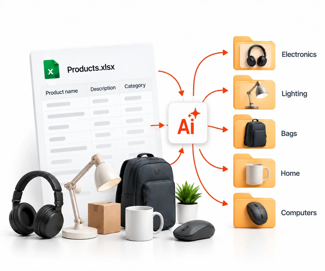 AI assigns products from an Excel catalog to store categories: electronics, lighting, bags, home and computers